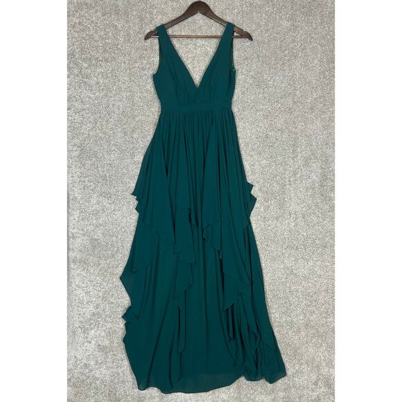 Lulu's Forest Green Long Ruffle V-Neck Dress Size XS - Picture 1 of 5